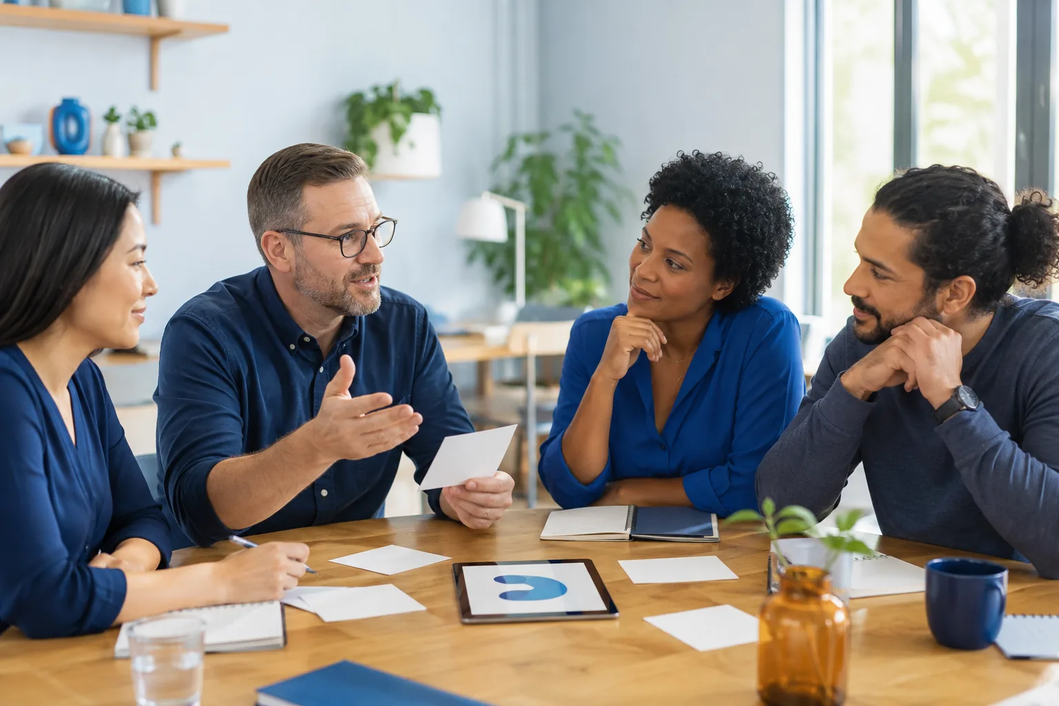 A diverse group discussing blank information cards around a sunlit community table for the article “4Life USA: Official Website, MyShop, and Independent Affiliate Sites”.