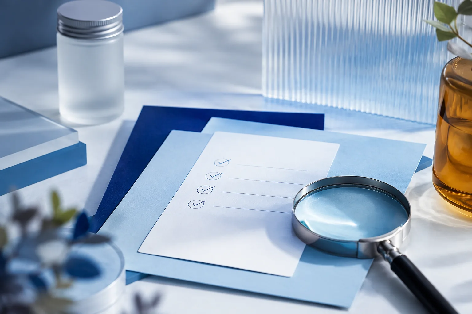 Unbranded wellness label-review materials, a magnifying lens and a neutral container on a blue desk for the article “4Life Immune Boost: Complete Product Guide”.