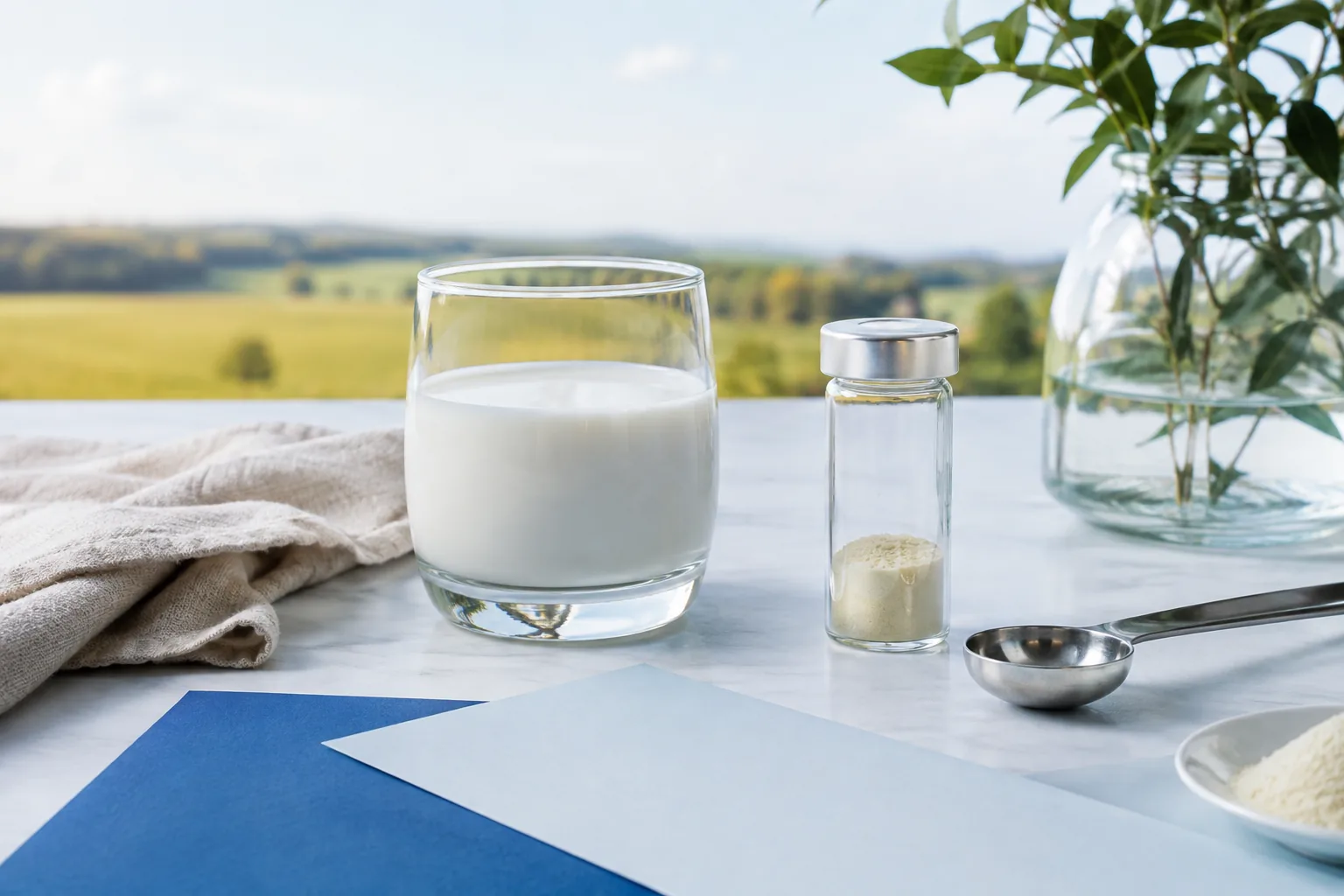 Milk, a sealed sample vial and stainless measuring tools in a calm quality-review setting for the article “Transfer Factor from Colostrum and Egg Yolk”.