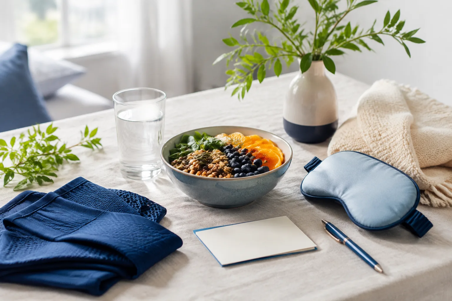A sunlit daily wellness arrangement with water, whole foods, movement cloth and a sleep mask for the article “4Life Supplements: What the Brand Offers”.
