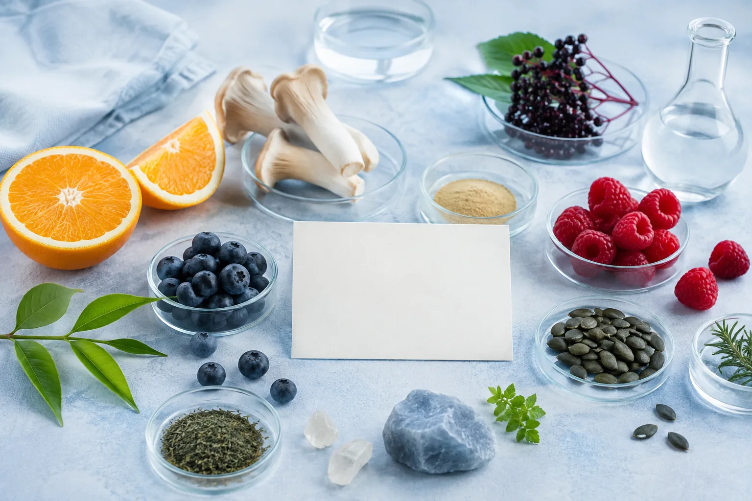 Whole-food ingredients and neutral glass research dishes arranged on an ice-blue work surface for the article “Transfer Factor Ingredients and Source Materials Explained”.