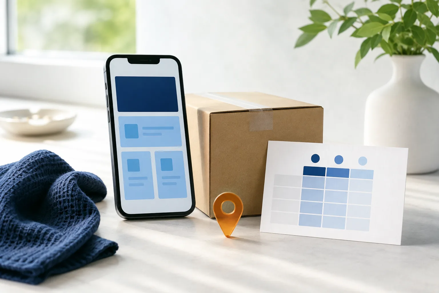 An abstract phone interface, unbranded delivery box and comparison card in a bright shopping setup for the article “4Life Customer Programs Explained”.