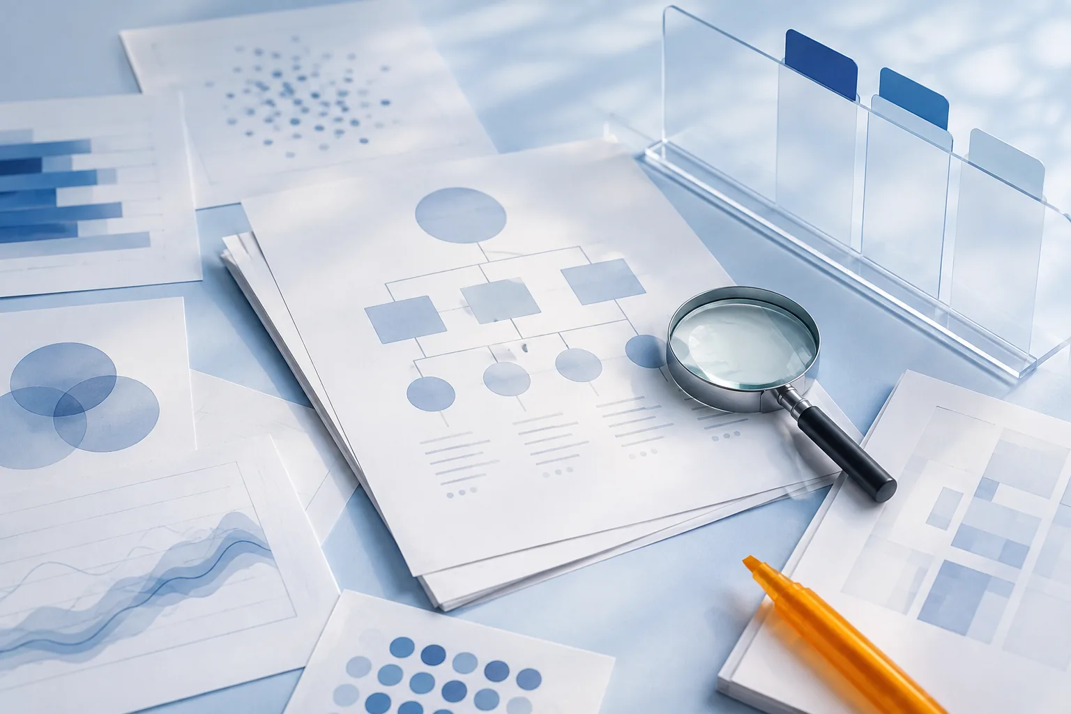 Layered research papers, abstract diagrams, index tabs and a magnifying lens on a pale blue desk for the article “Transfer Factor Benefits: What the Evidence Can Support”.