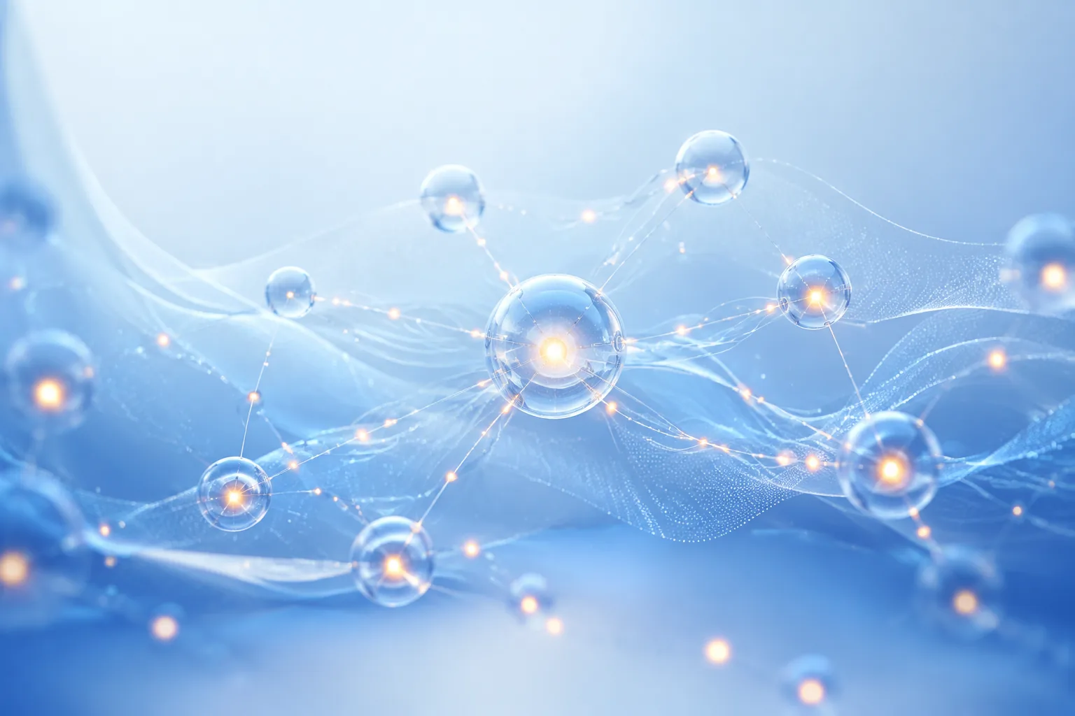 Translucent blue communication nodes linked by fine signal paths with restrained amber points for the article “What Is Transfer Factor? A Plain-English Guide”.
